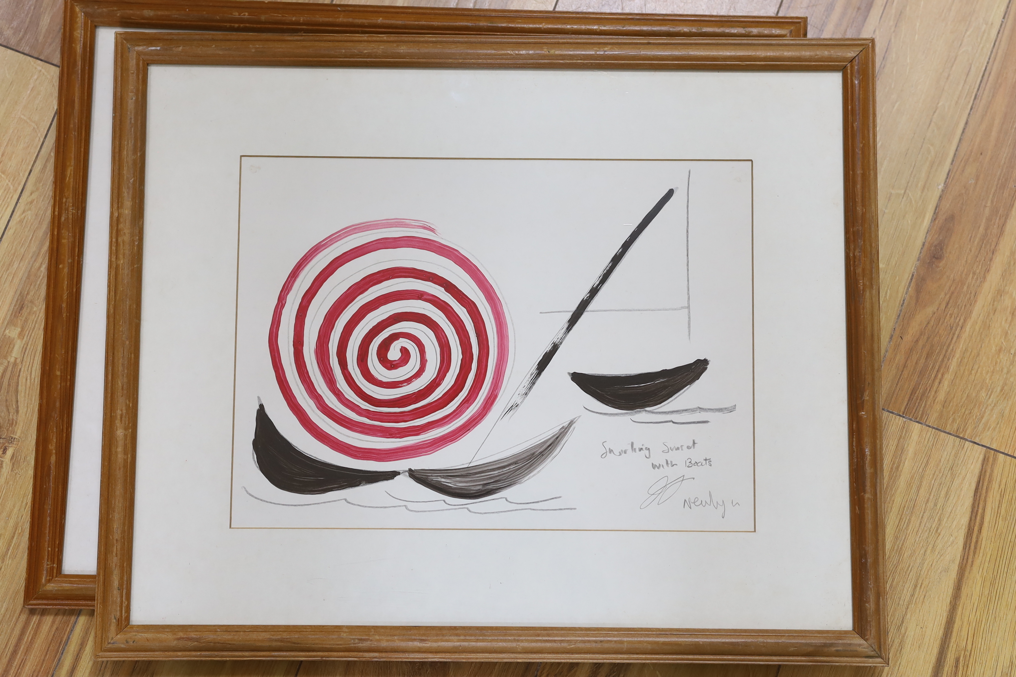 Attributed to Terry Frost RA (Newlyn, 1915-2003), pair of mixed media studies, ‘Swirling sunset with boats’ and ‘Landed boats’, each signed with initials, 26.5 x 37cm